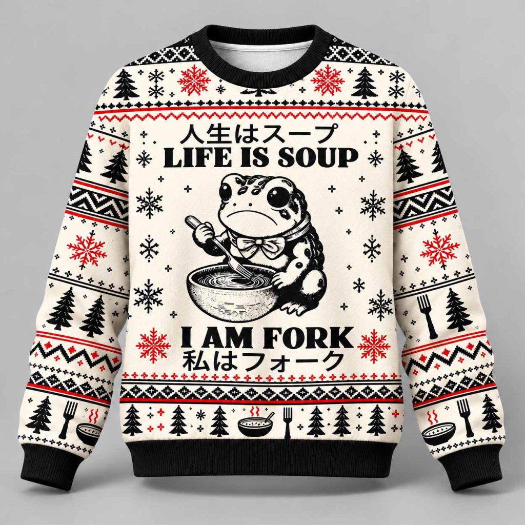 Confused Frog In Life’s Soup Christmas Ugly Sweater 1 Confused Frog In Life’s Soup Christmas Ugly Sweater 1