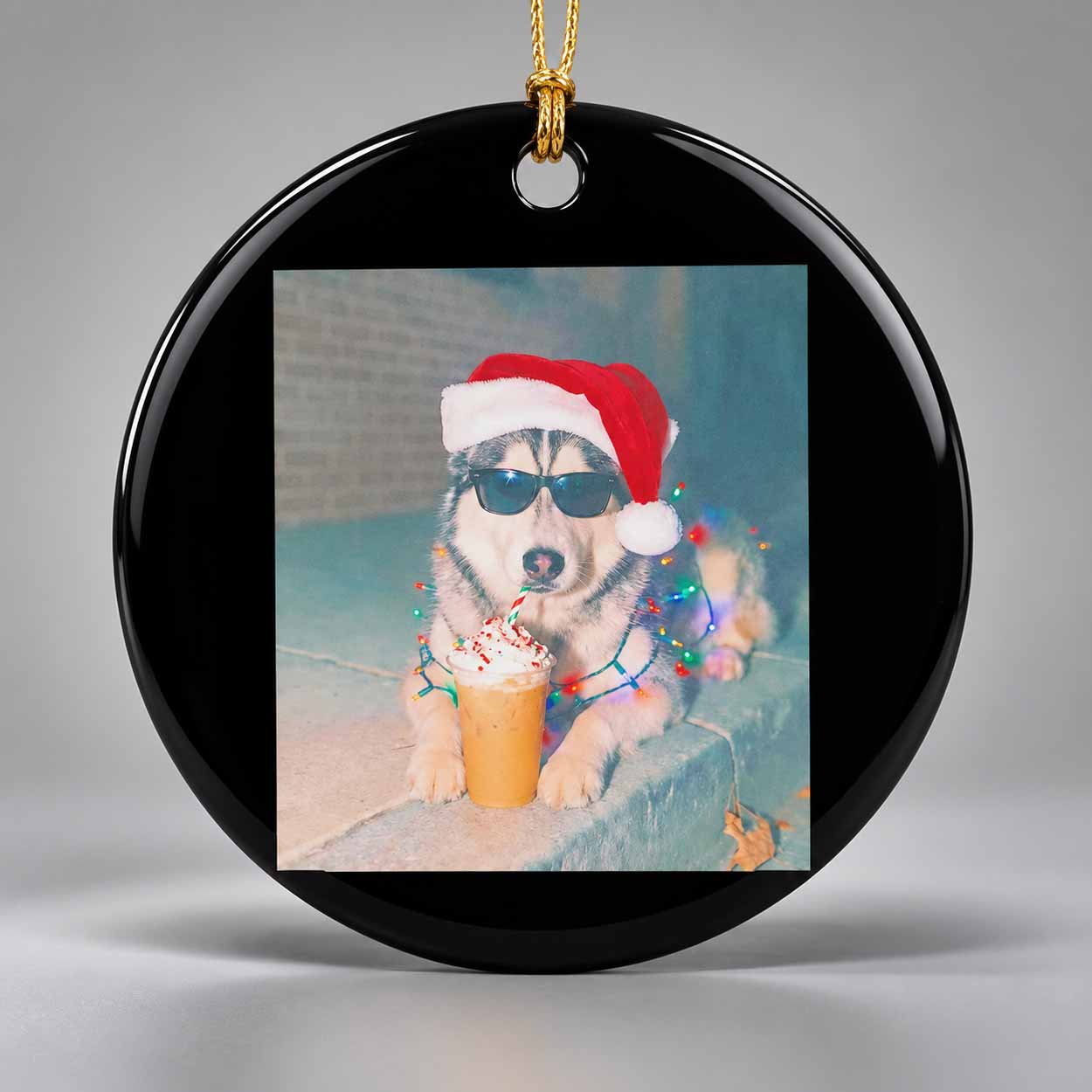 Cool Husky Christmas Ornament 1 Cool Husky Dog Wearing A Santa Hat And Sunglasses With Christmas Lights Ornament 1