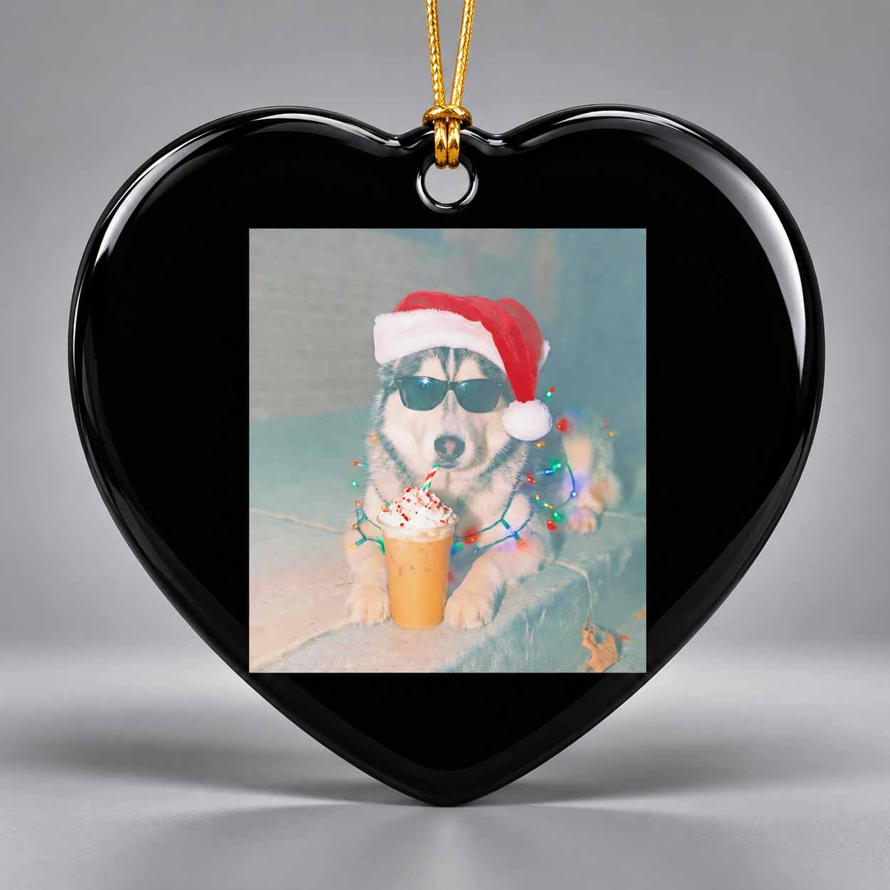 Cool Husky Christmas Ornament 2 Cool Husky Dog Wearing A Santa Hat And Sunglasses With Christmas Lights Ornament 2