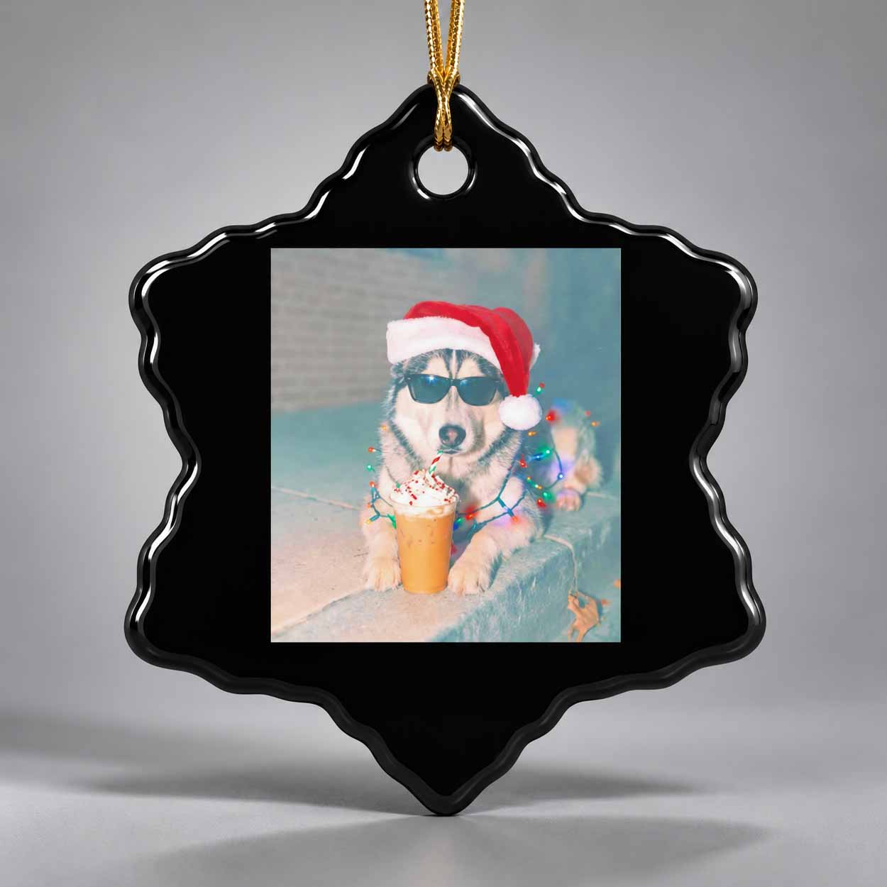 Cool Husky Christmas Ornament 3 Cool Husky Dog Wearing A Santa Hat And Sunglasses With Christmas Lights Ornament 3