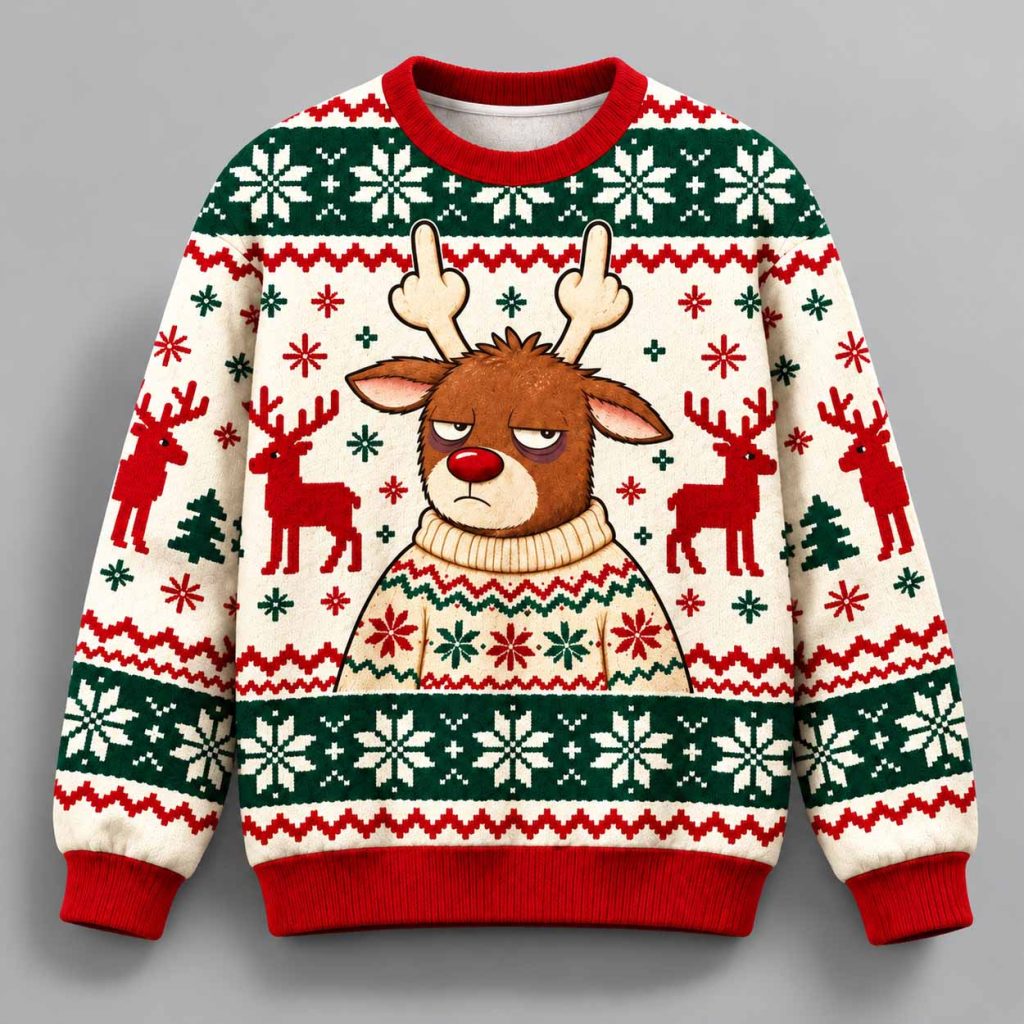 Grumpy Reindeer Middle Finger Holiday Vibes Ugly Christmas Ugly Sweater 1