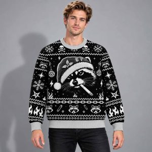 Retro Raccoon Smoking Dark Style Ugly Christmas Sweater 1