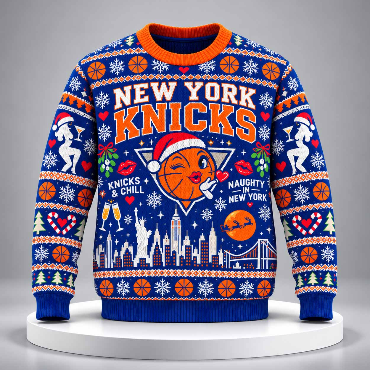 NY Knicks Naughty In New York 2026 Ugly Christmas Sweater 1 NY Knicks Naughty In New York 2026 Ugly Christmas Sweater 1