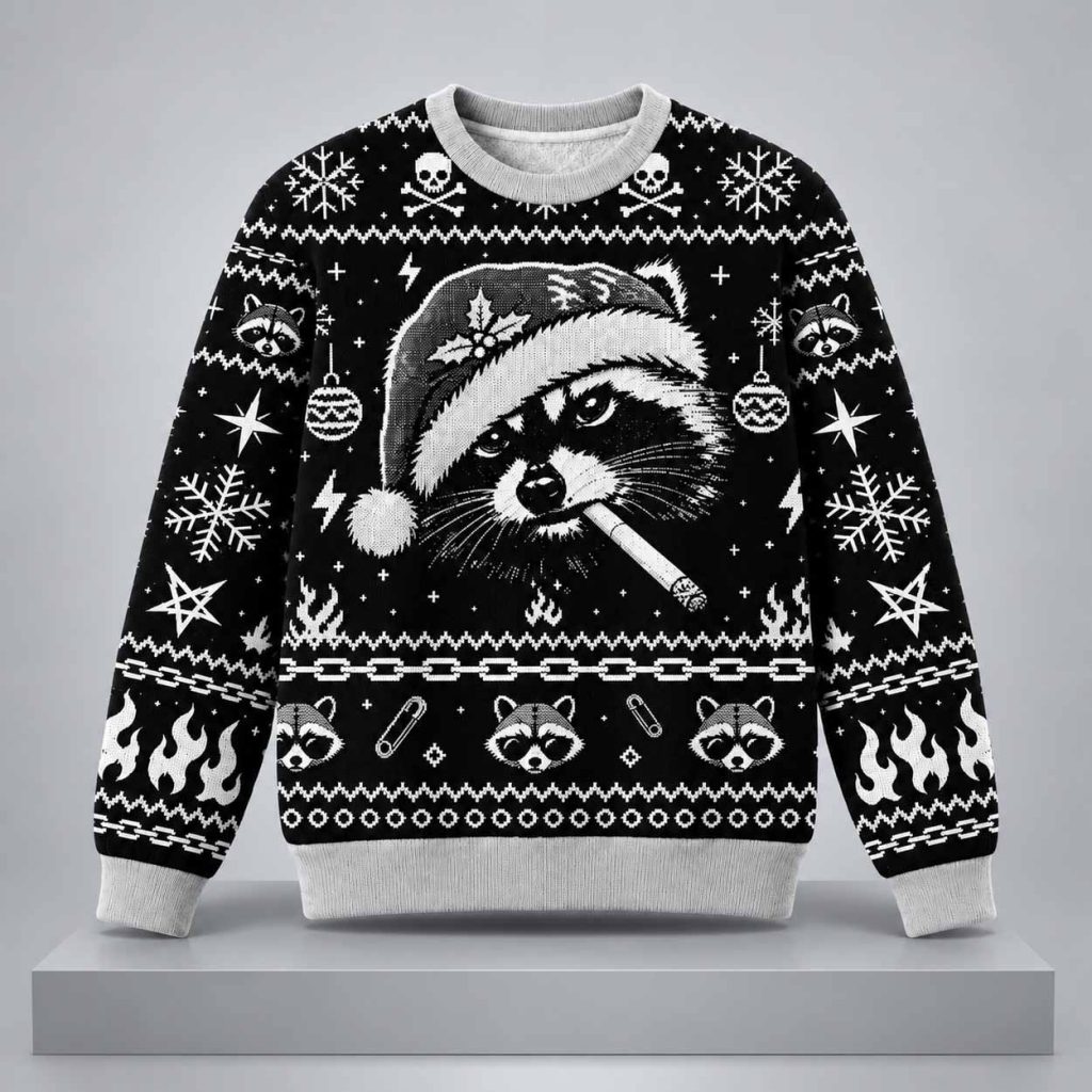 Retro Raccoon Smoking Dark Style Ugly Christmas Sweater 2