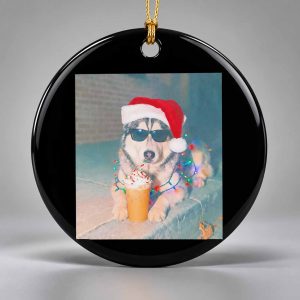 Cool Husky Dog Wearing A Santa Hat And Sunglasses With Christmas Lights Ornament 1
