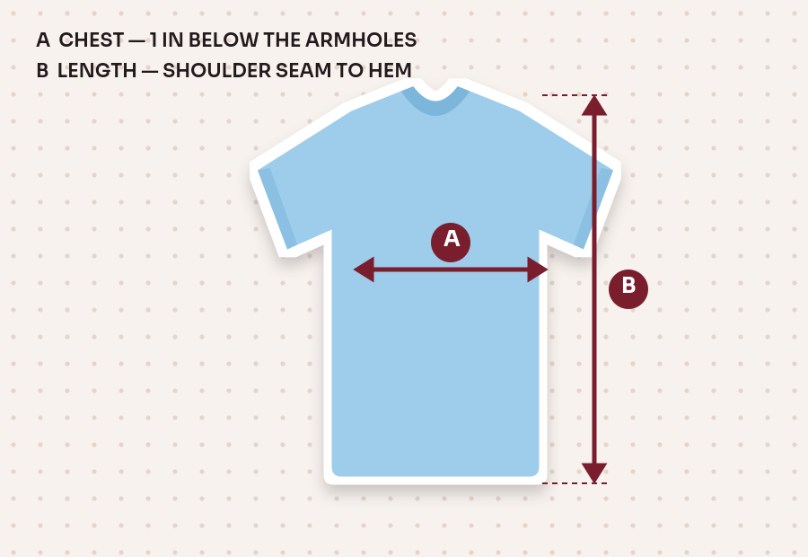 T-shirt laid flat with chest width and body length marked
