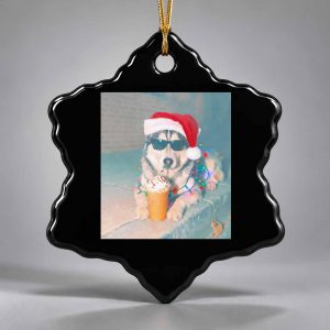 Cool Husky Christmas Ornament 5 Cool Husky Dog Wearing A Santa Hat And Sunglasses With Christmas Lights Ornament 3