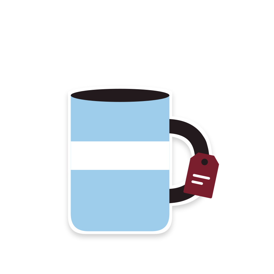 Sky-blue mug with a hang tag