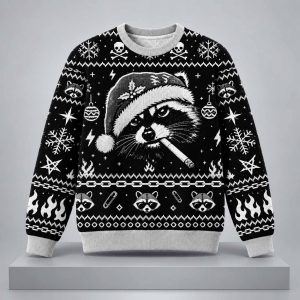 Retro Raccoon Smoking Dark Style Ugly Christmas Sweater 2
